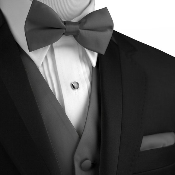 Men's Formal Wedding Prom Homecoming Tuxedo Vest Bow-Tie Hankie - Charcoal Satin - Picture 1 of 4